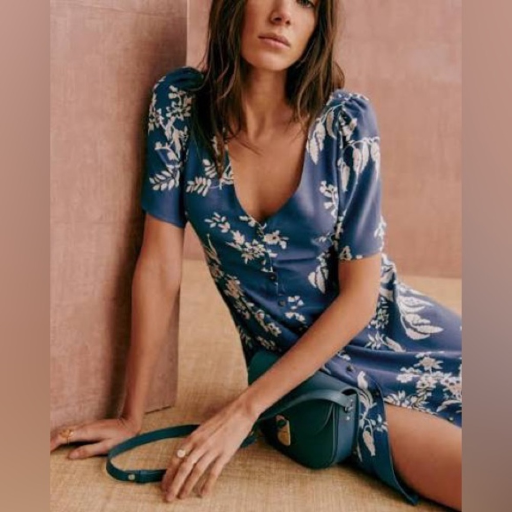 Sézane Lily Dress Blue with Ecru Flowers